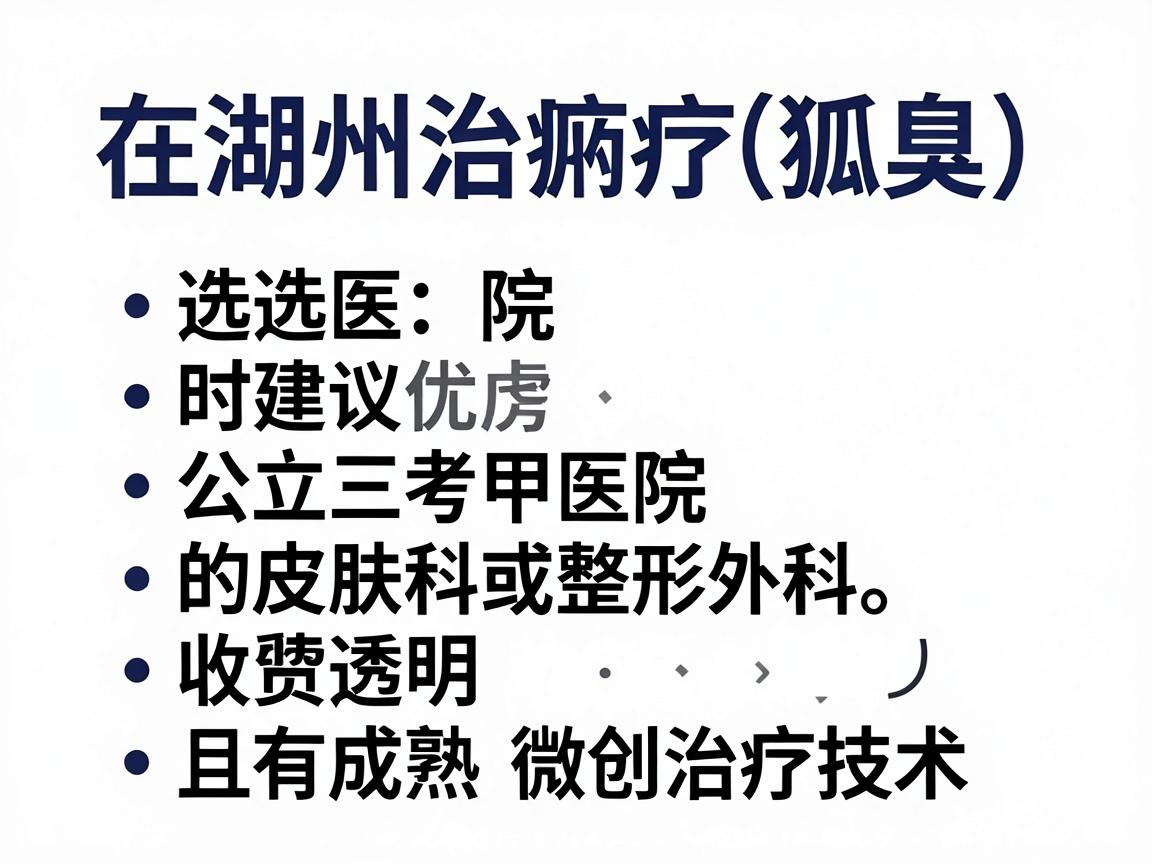 在湖州治疗腋臭（狐臭）选择医院时建议优先考虑公立三甲医院的皮肤科或整形外科。这类医院医疗规范、收费透明，且拥有成熟的微创治疗技术