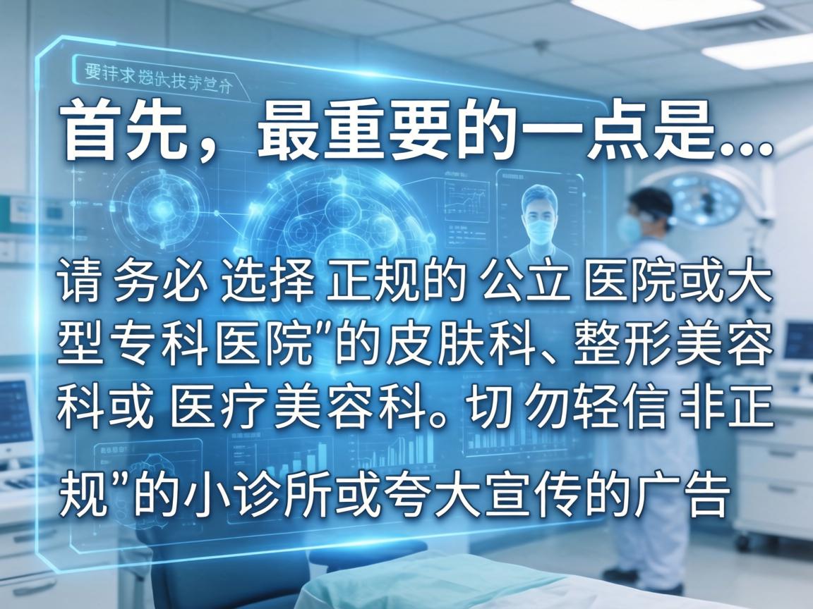 首先，最重要的一点是，请务必选择正规的公立医院或大型专科医院的皮肤科、整形美容科或医疗美容科。切勿轻信非正规的小诊所或夸大宣传的广告