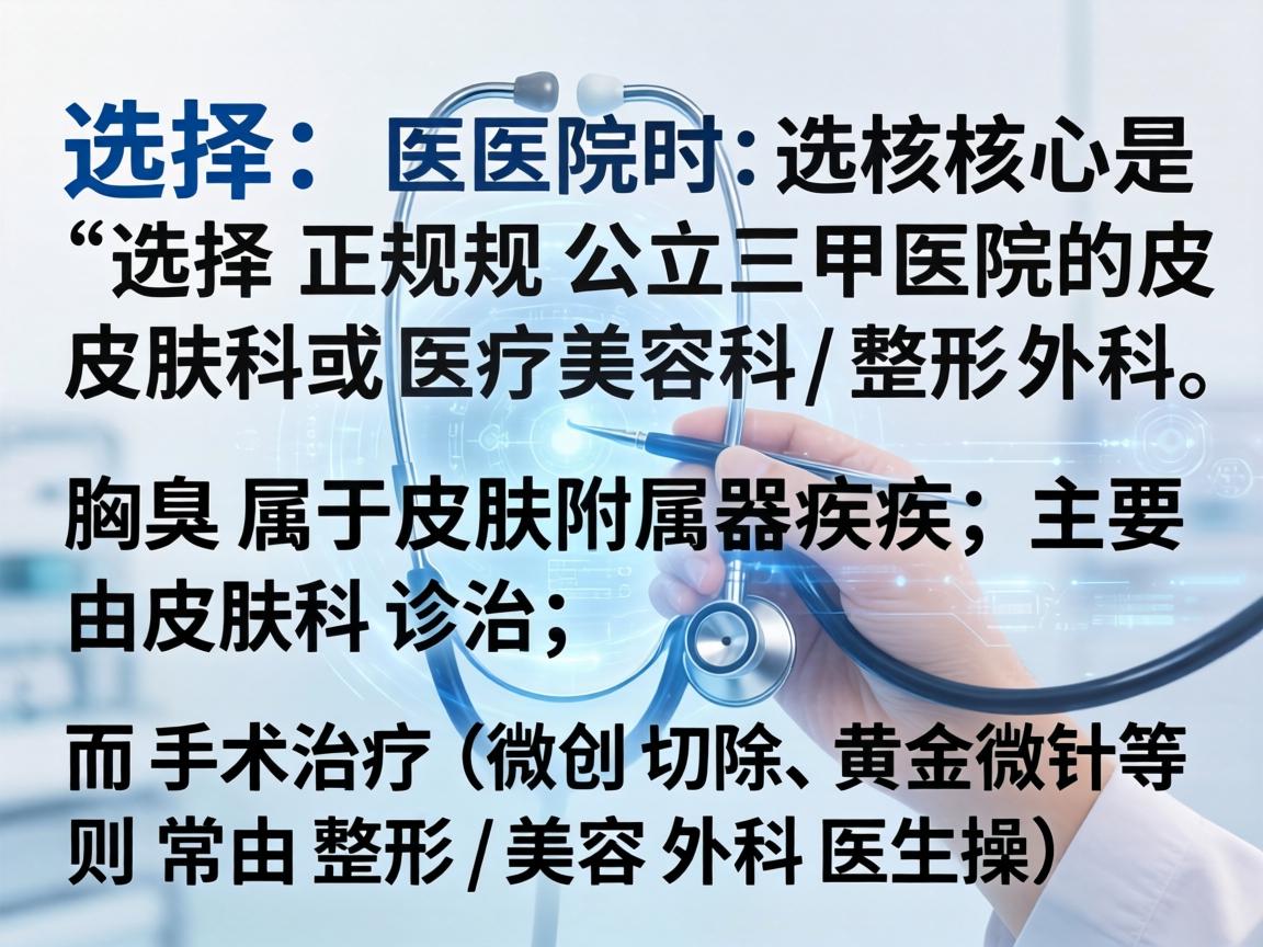 选择医院时，核心是选择 正规公立三甲医院的皮肤科或医疗美容科/整形外科。腋臭属于皮肤附属器疾病，主要由皮肤科诊治；而手术治疗（如微创切除、黄金微针等）则常由整形/美容外科医生操作