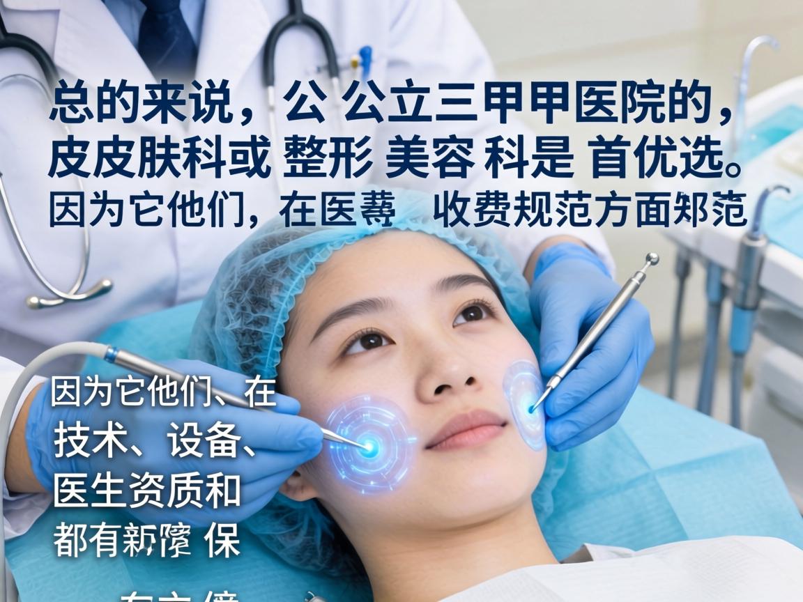 总的来说,公立三甲医院的皮肤科或整形美容科是首选,因为它们在技术、设备、医生资质和收费规范性方面都有保障 总的来说,公立三甲医院的皮肤科或整形美容科是首选,因为它们在技术、设备、医生资质和收费规范性方面都有保障