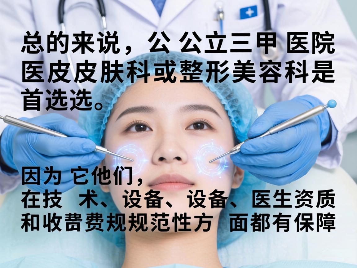 总的来说,公立三甲医院的皮肤科或整形美容科是首选,因为它们在技术、设备、医生资质和收费规范性方面都有保障 总的来说,公立三甲医院的皮肤科或整形美容科是首选,因为它们在技术、设备、医生资质和收费规范性方面都有保障