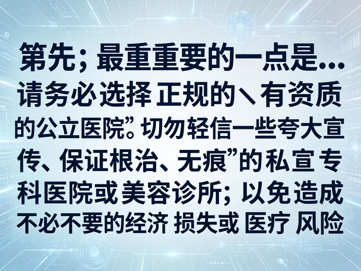 首先，最重要的一点是，请务必选择正规的、有资质的公立医院。切勿轻信一些夸大宣传、保证根治、无痕的私立专科医院或美容诊所，以免造成不必要的经济损失或医疗风险
