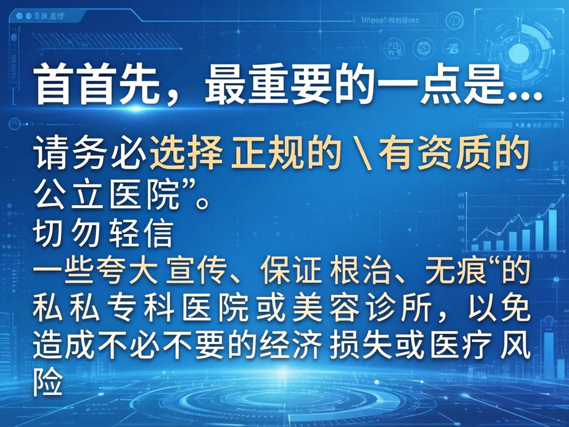 首先，最重要的一点是，请务必选择正规的、有资质的公立医院。切勿轻信一些夸大宣传、保证根治、无痕的私立专科医院或美容诊所，以免造成不必要的经济损失或医疗风险