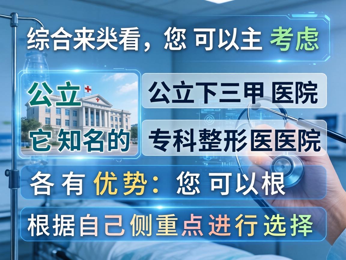 综合来看,您可以主要考虑以下两类医院,公立三甲医院和知名的专科整形医院。它们各有优势,您可以根据自己的侧重点进行选择 综合来看,您可以主要考虑以下两类医院,公立三甲医院和知名的专科整形医院。它们各有优势,您可以根据自己的侧重点进行选择