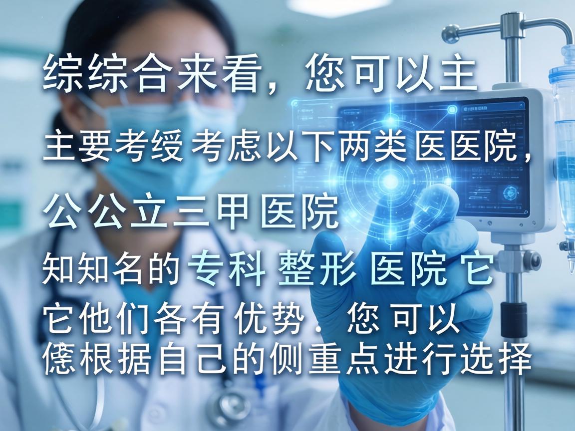 综合来看,您可以主要考虑以下两类医院,公立三甲医院和知名的专科整形医院。它们各有优势,您可以根据自己的侧重点进行选择 综合来看,您可以主要考虑以下两类医院,公立三甲医院和知名的专科整形医院。它们各有优势,您可以根据自己的侧重点进行选择