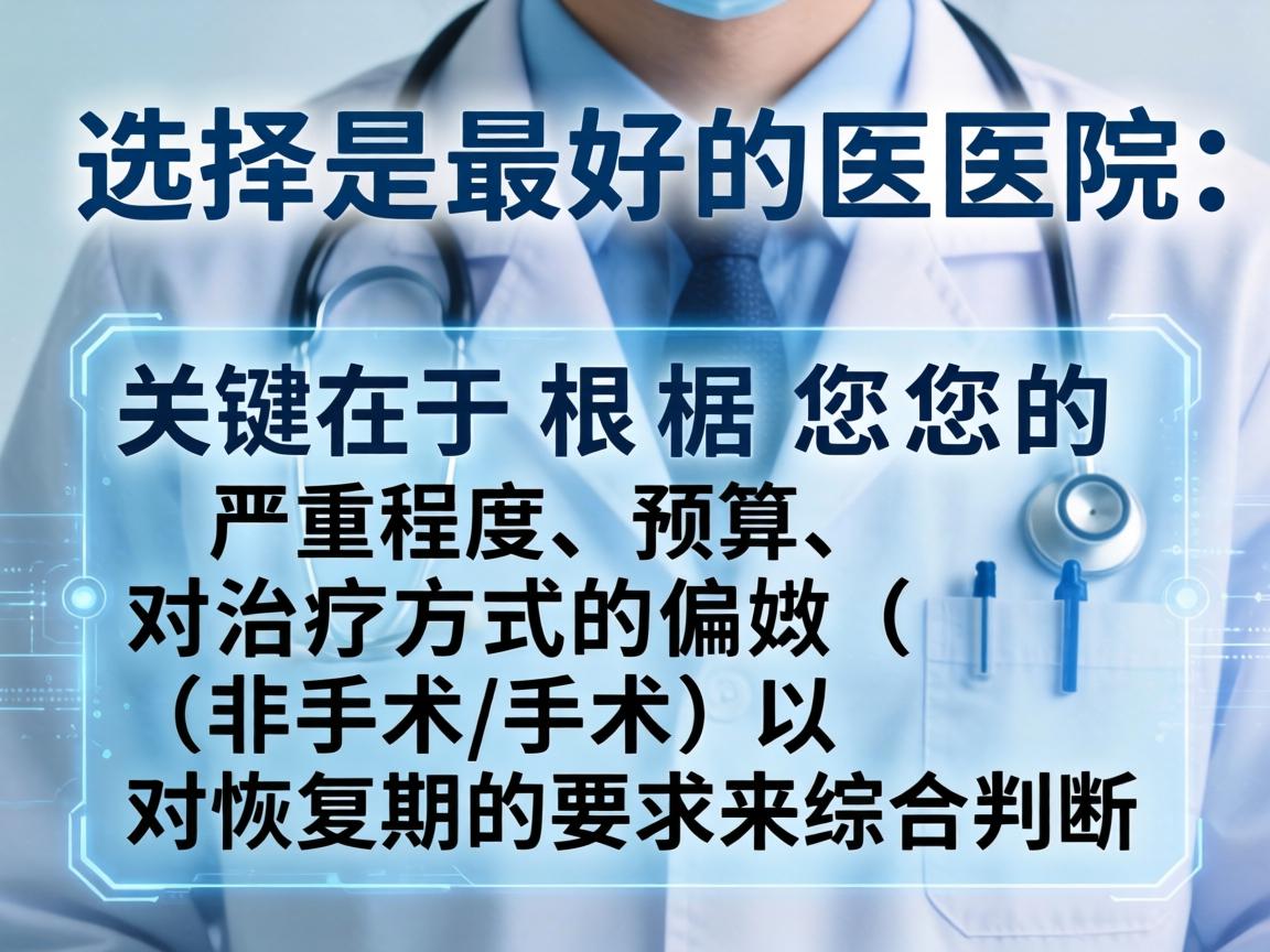 选择最好的医院,关键在于根据您的严重程度、预算、对治疗方式的偏好(非手术/手术)以及对恢复期的要求来综合判断 选择最好的医院,关键在于根据您的严重程度、预算、对治疗方式的偏好(非手术/手术)以及对恢复期的要求来综合判断