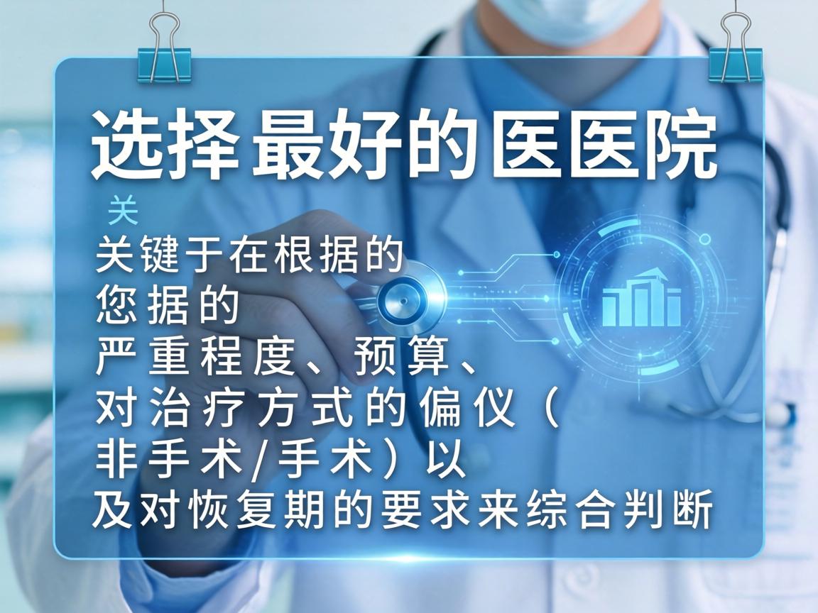 选择最好的医院,关键在于根据您的严重程度、预算、对治疗方式的偏好(非手术/手术)以及对恢复期的要求来综合判断 选择最好的医院,关键在于根据您的严重程度、预算、对治疗方式的偏好(非手术/手术)以及对恢复期的要求来综合判断