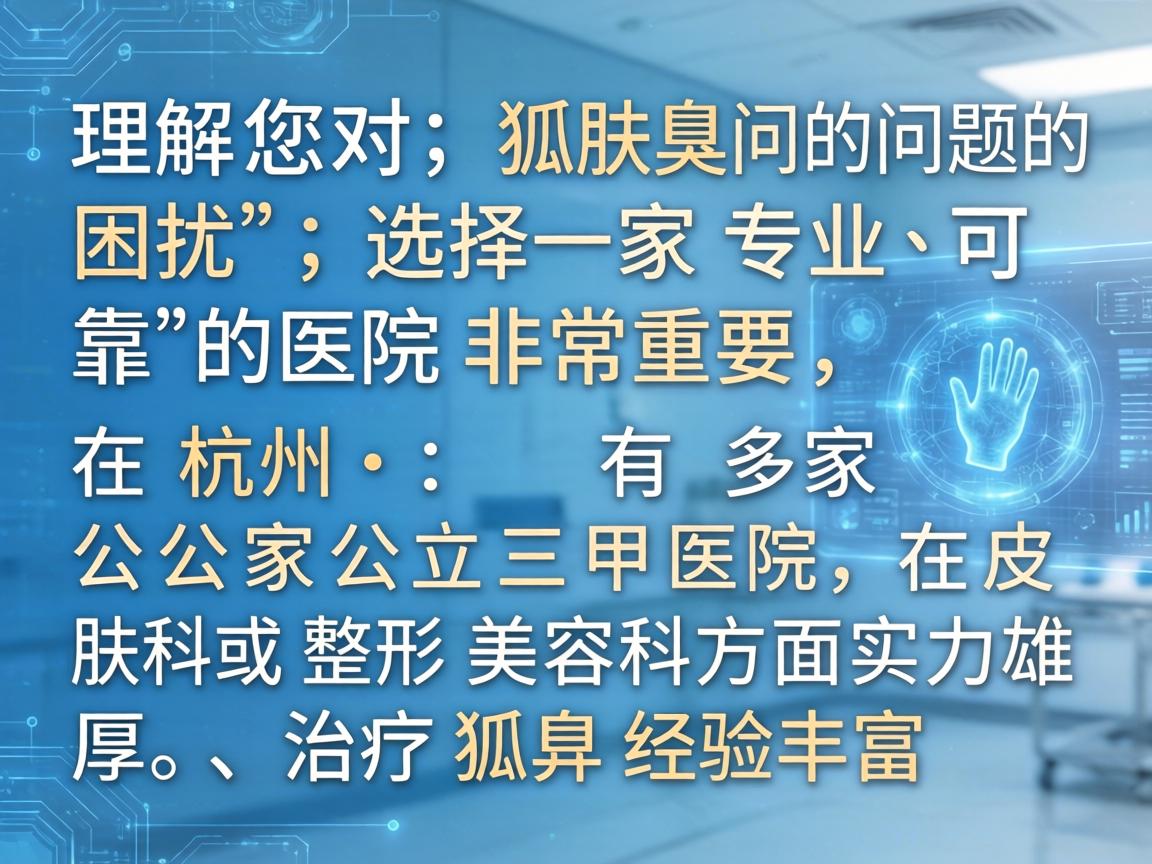 理解您对狐臭问题的困扰，选择一家专业、可靠的医院非常重要。在杭州，有多家公立三甲医院在皮肤科或整形美容科方面实力雄厚，治疗狐臭经验丰富