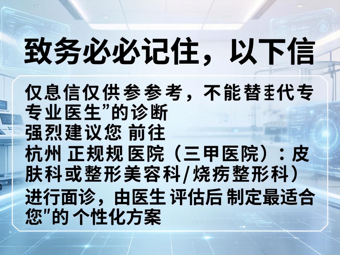 请务必记住，以下信息仅供参考，不能替代专业医生的诊断。强烈建议您前往杭州正规医院（三甲医院的皮肤科或整形美容科/烧伤整形科）进行面诊，由医生评估后制定最适合您的个性化方案