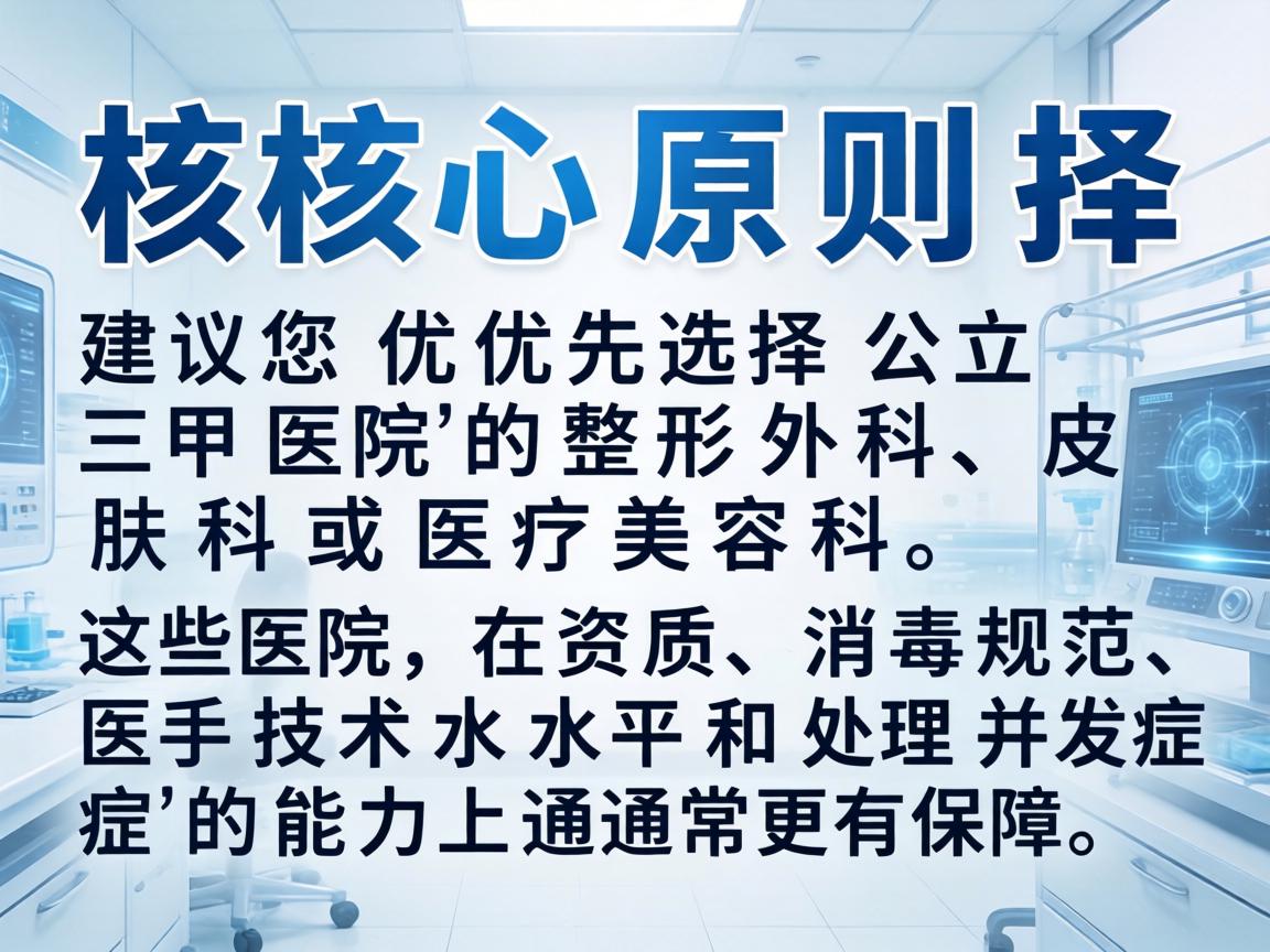 核心原则，建议您优先选择公立三甲医院的整形外科、皮肤科或医疗美容科。这些医院在资质、消毒规范、医生技术水平和处理并发症的能力上通常更有保障