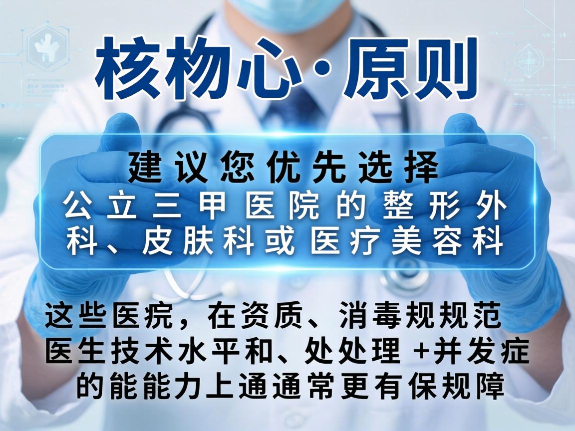 核心原则，建议您优先选择公立三甲医院的整形外科、皮肤科或医疗美容科。这些医院在资质、消毒规范、医生技术水平和处理并发症的能力上通常更有保障
