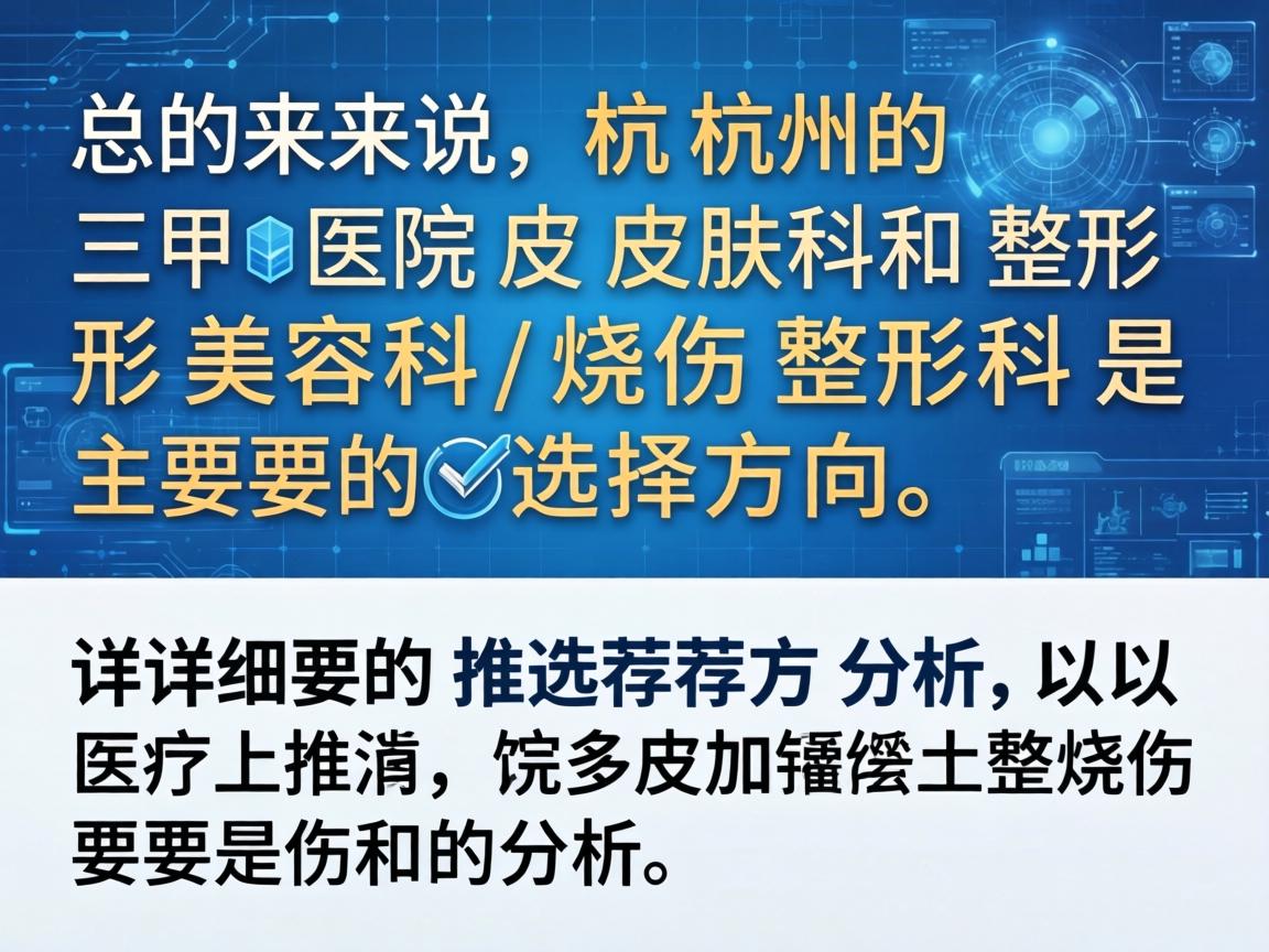 总的来说,杭州的三甲医院皮肤科和整形美容科/烧伤整形科是主要的选择方向。以下是详细的推荐和分析 总的来说,杭州的三甲医院皮肤科和整形美容科/烧伤整形科是主要的选择方向。以下是详细的推荐和分析