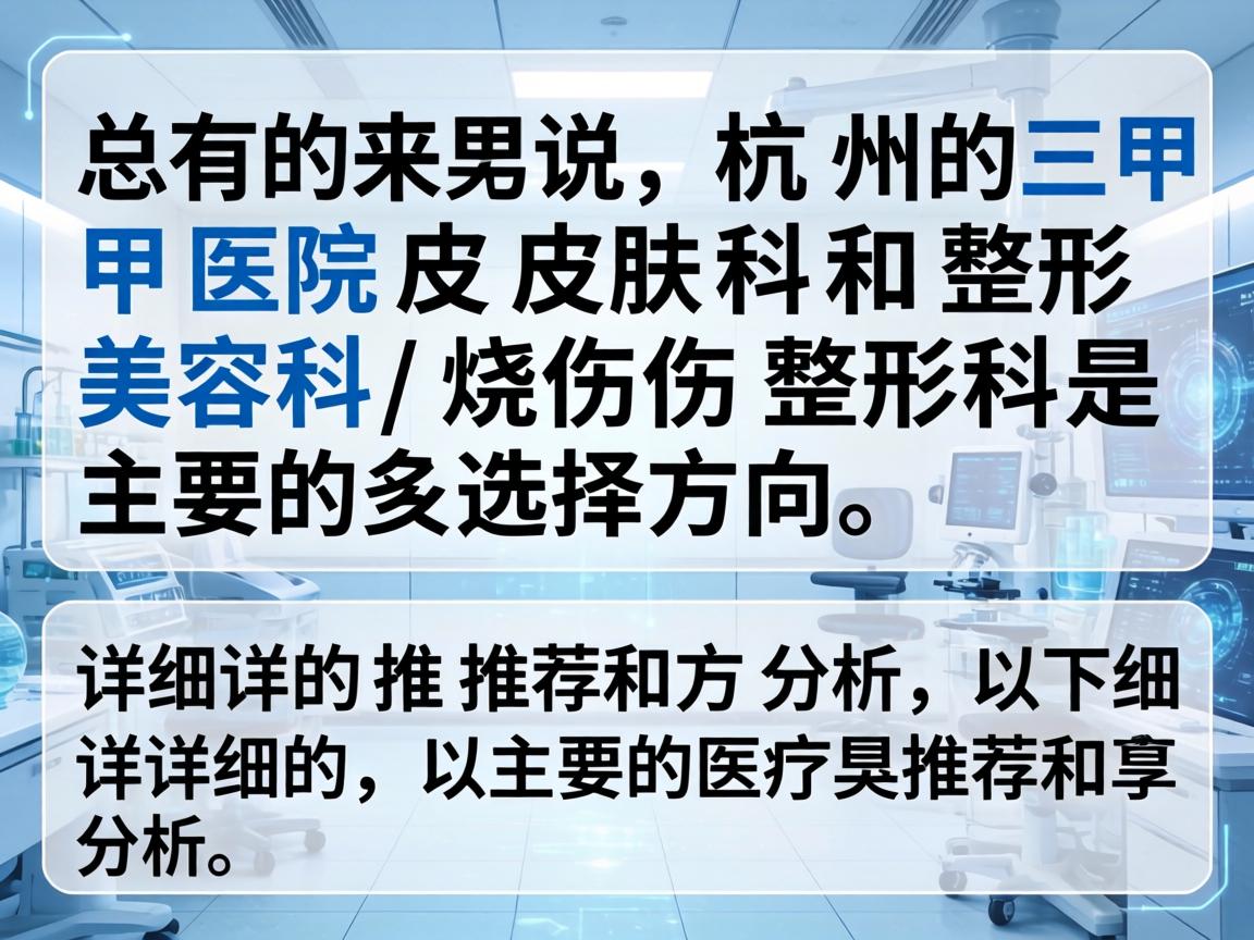 总的来说,杭州的三甲医院皮肤科和整形美容科/烧伤整形科是主要的选择方向。以下是详细的推荐和分析 总的来说,杭州的三甲医院皮肤科和整形美容科/烧伤整形科是主要的选择方向。以下是详细的推荐和分析