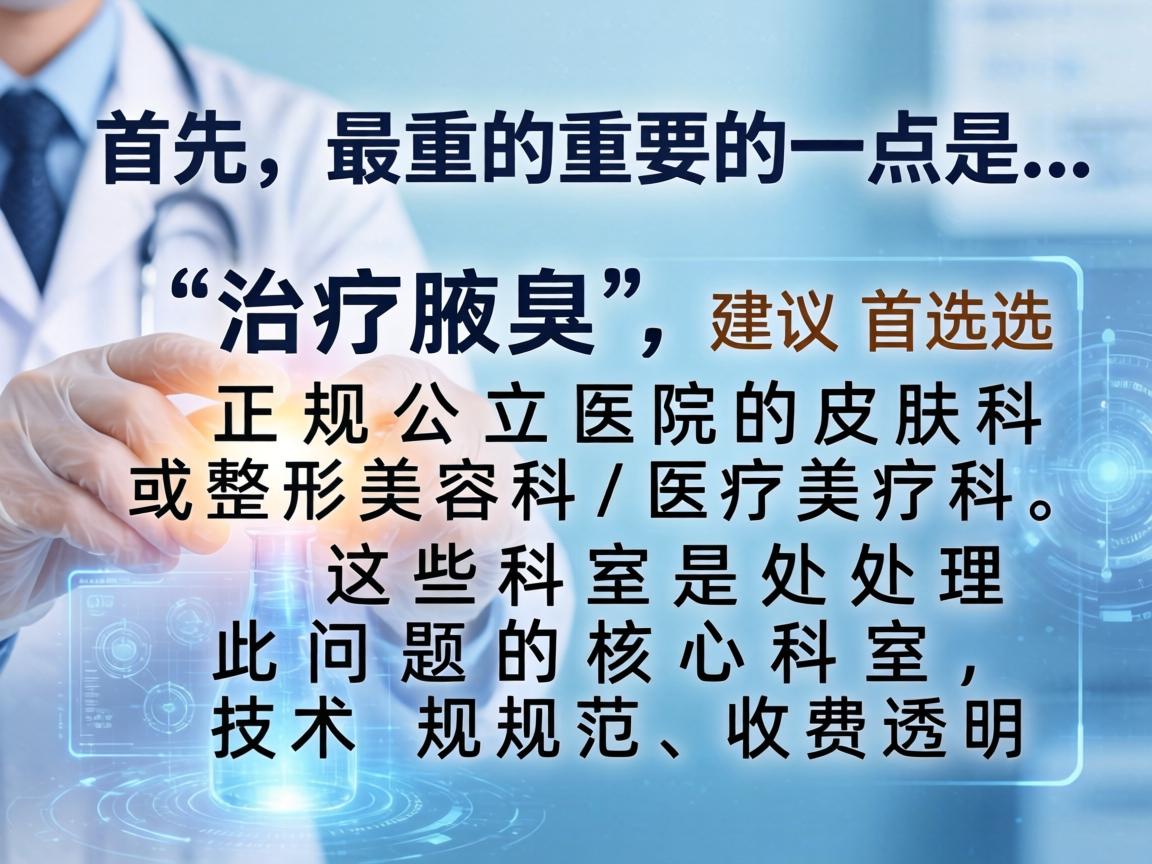 首先，最重要的一点是，治疗腋臭，建议首选正规公立医院的皮肤科或整形美容科/医疗美容科。这些科室是处理此问题的核心科室，技术规范，收费透明