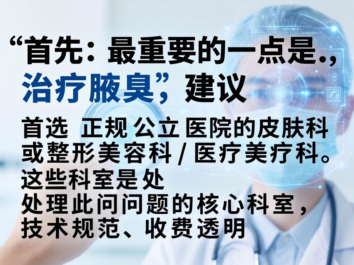 首先，最重要的一点是，治疗腋臭，建议首选正规公立医院的皮肤科或整形美容科/医疗美容科。这些科室是处理此问题的核心科室，技术规范，收费透明