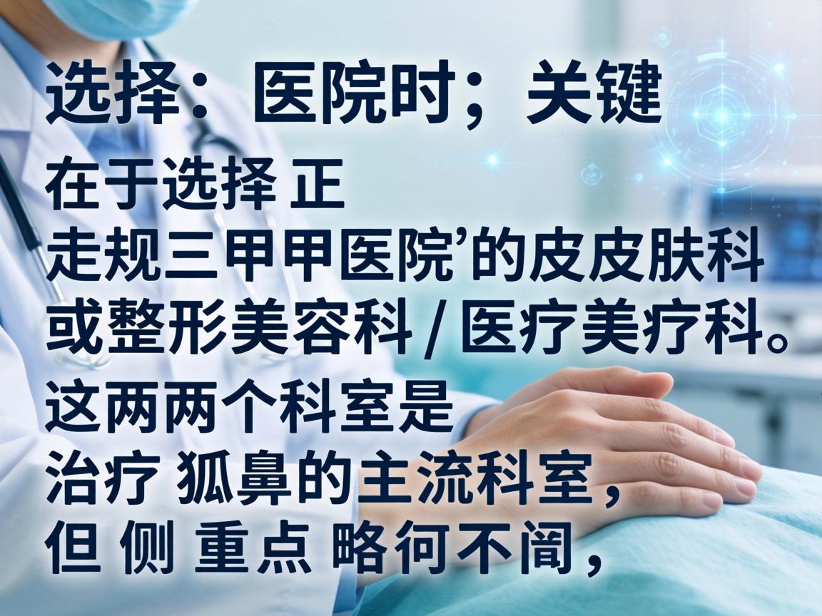 选择医院时,关键在于选择正规三甲医院的皮肤科或整形美容科/医疗美容科。这两个科室是治疗狐臭的主流科室,但侧重点略有不同 选择医院时,关键在于选择正规三甲医院的皮肤科或整形美容科/医疗美容科。这两个科室是治疗狐臭的主流科室,但侧重点略有不同