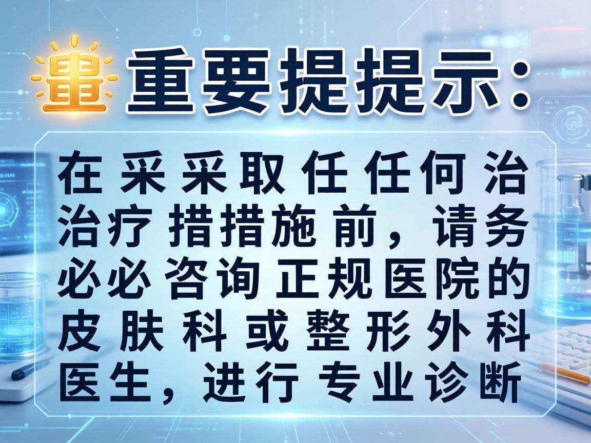 重要提示,在采取任何治疗措施前,请务必咨询正规医院的皮肤科或整形外科医生,进行专业诊断 重要提示,在采取任何治疗措施前,请务必咨询正规医院的皮肤科或整形外科医生,进行专业诊断