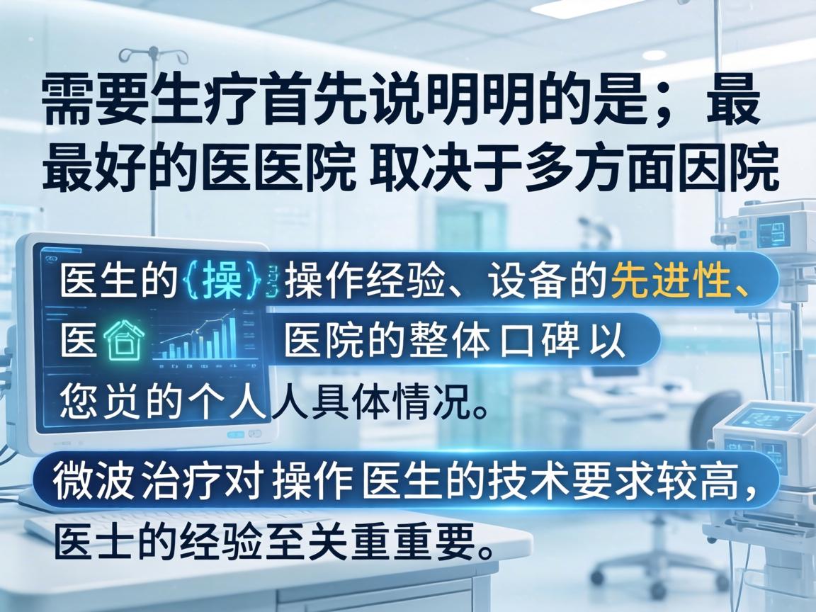 需要首先说明的是,最好的医院取决于多方面因素,包括医生的操作经验、设备的先进性、医院的整体口碑以及您的个人具体情况。微波治疗对操作医生的技术要求较高,医生的经验至关重要 需要首先说明的是,最好的医院取决于多方面因素,包括医生的操作经验、设备的先进性、医院的整体口碑以及您的个人具体情况。微波治疗对操作医生的技术要求较高,医生的经验至关重要