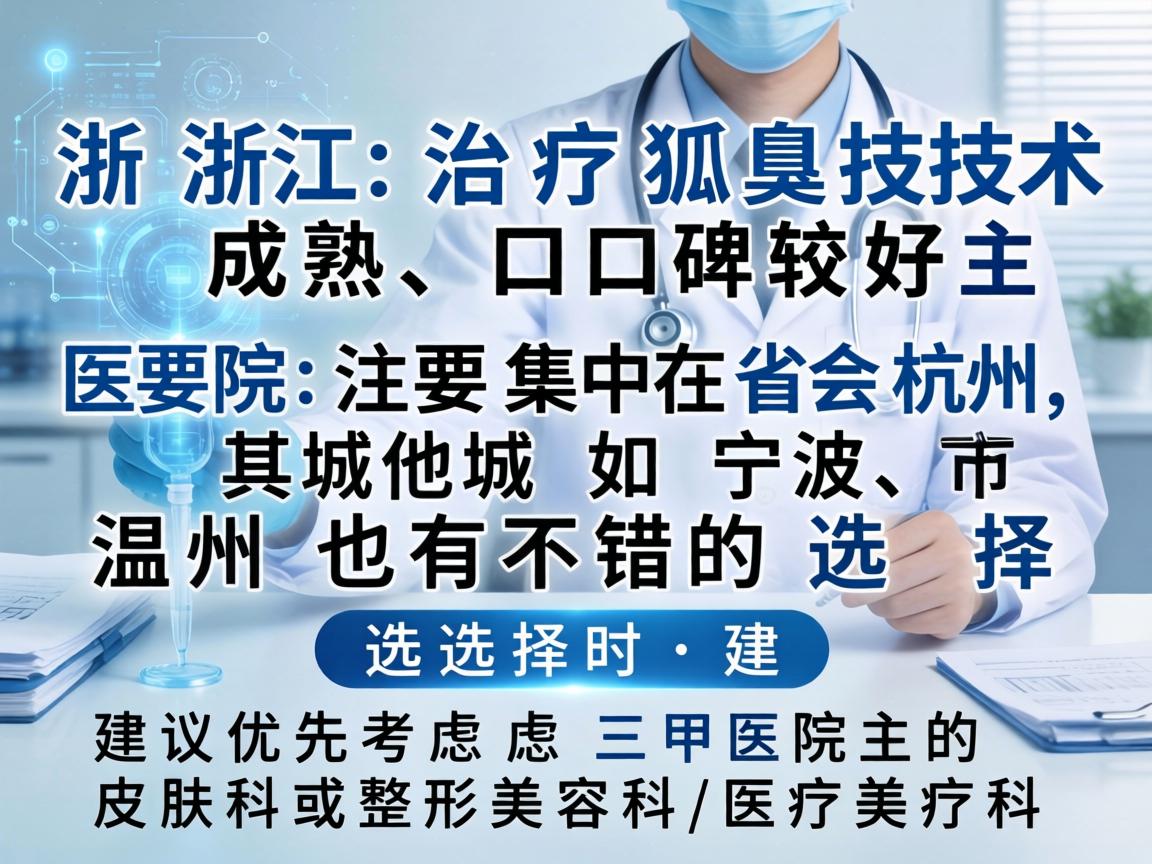 在浙江,治疗狐臭技术成熟、口碑较好的医院主要集中在省会杭州,其他城市如宁波、温州也有不错的选择。选择时,建议优先考虑三甲医院的皮肤科或整形美容科/医疗美容科 在浙江,治疗狐臭技术成熟、口碑较好的医院主要集中在省会杭州,其他城市如宁波、温州也有不错的选择。选择时,建议优先考虑三甲医院的皮肤科或整形美容科/医疗美容科