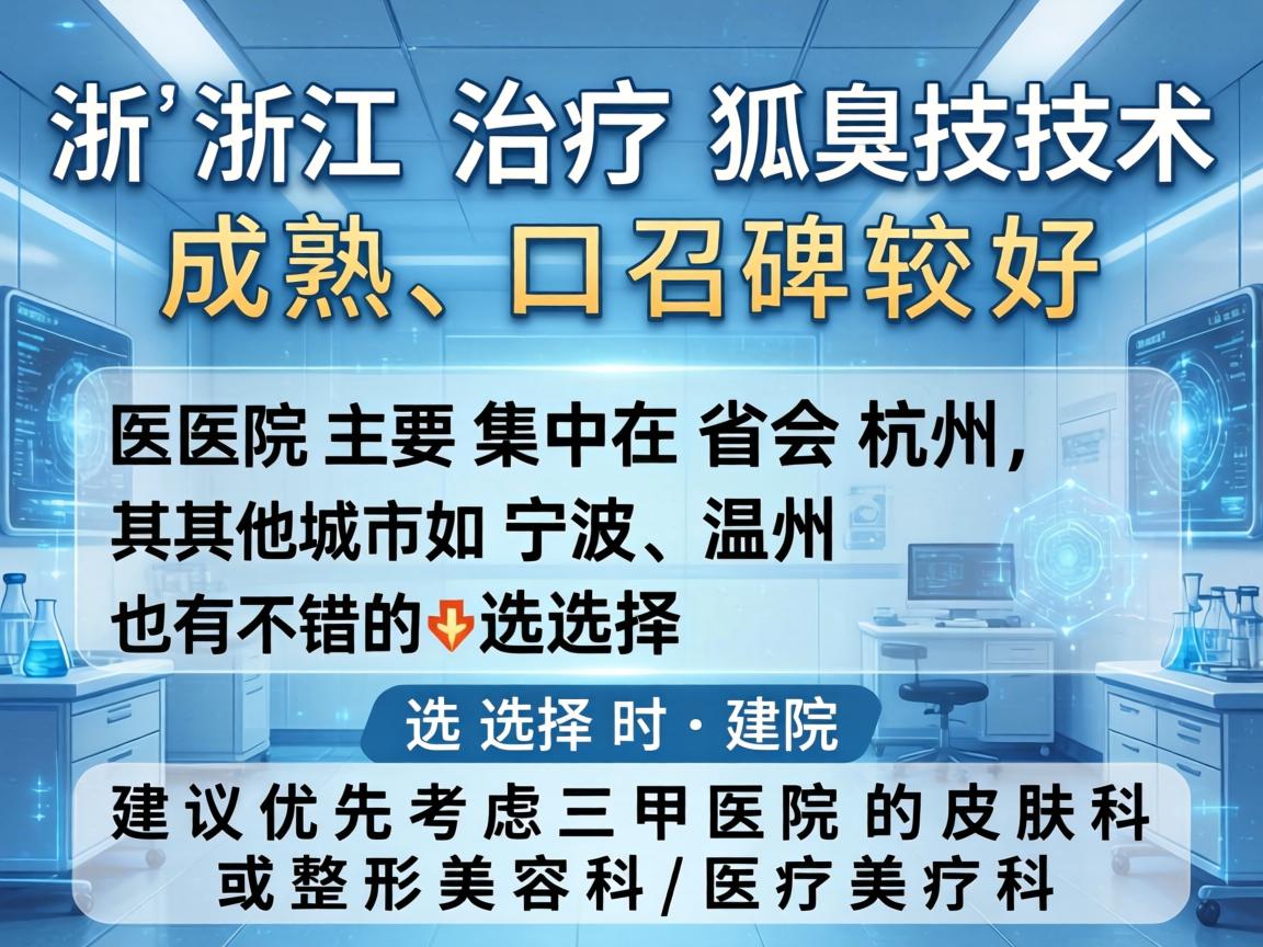 在浙江,治疗狐臭技术成熟、口碑较好的医院主要集中在省会杭州,其他城市如宁波、温州也有不错的选择。选择时,建议优先考虑三甲医院的皮肤科或整形美容科/医疗美容科 在浙江,治疗狐臭技术成熟、口碑较好的医院主要集中在省会杭州,其他城市如宁波、温州也有不错的选择。选择时,建议优先考虑三甲医院的皮肤科或整形美容科/医疗美容科