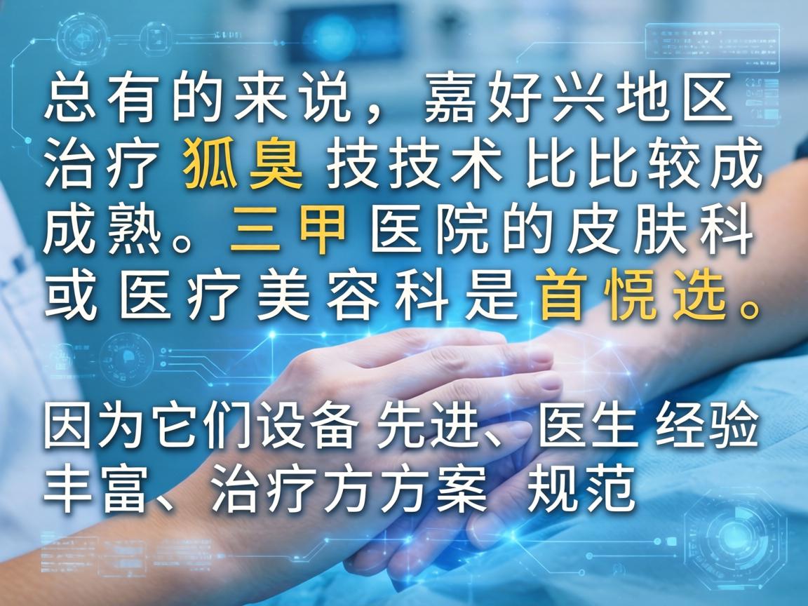 总的来说,嘉兴地区治疗狐臭技术比较成熟,三甲医院的皮肤科或医疗美容科是首选,因为它们设备先进、医生经验丰富、治疗方案规范 总的来说,嘉兴地区治疗狐臭技术比较成熟,三甲医院的皮肤科或医疗美容科是首选,因为它们设备先进、医生经验丰富、治疗方案规范