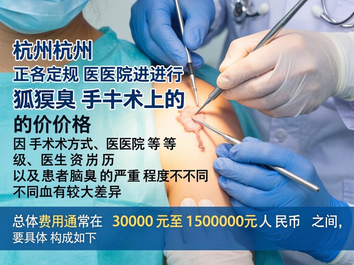 在杭州，正规医院进行狐臭手术的价格因手术方式、医院等级、医生资历以及患者腋臭的严重程度不同而有较大差异。总体费用通常在 3000元至15000元人民币 之间，具体构成如下