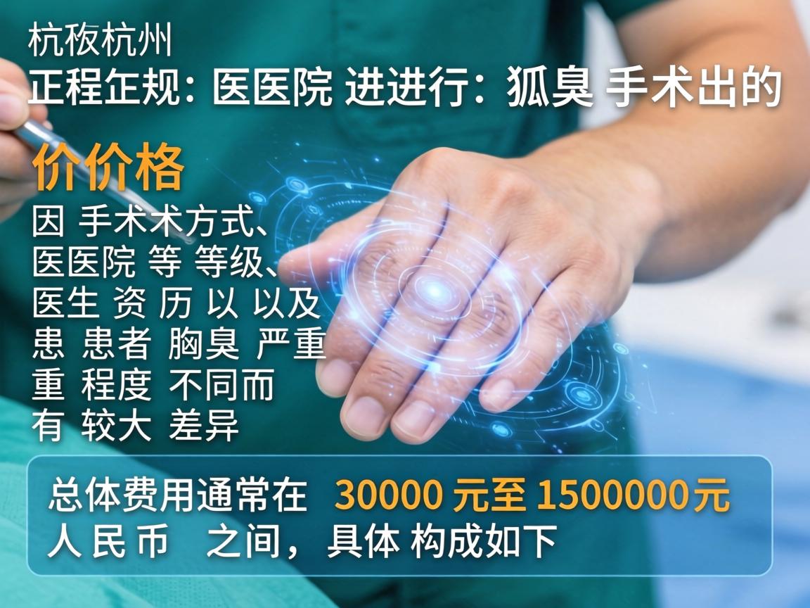 在杭州，正规医院进行狐臭手术的价格因手术方式、医院等级、医生资历以及患者腋臭的严重程度不同而有较大差异。总体费用通常在 3000元至15000元人民币 之间，具体构成如下