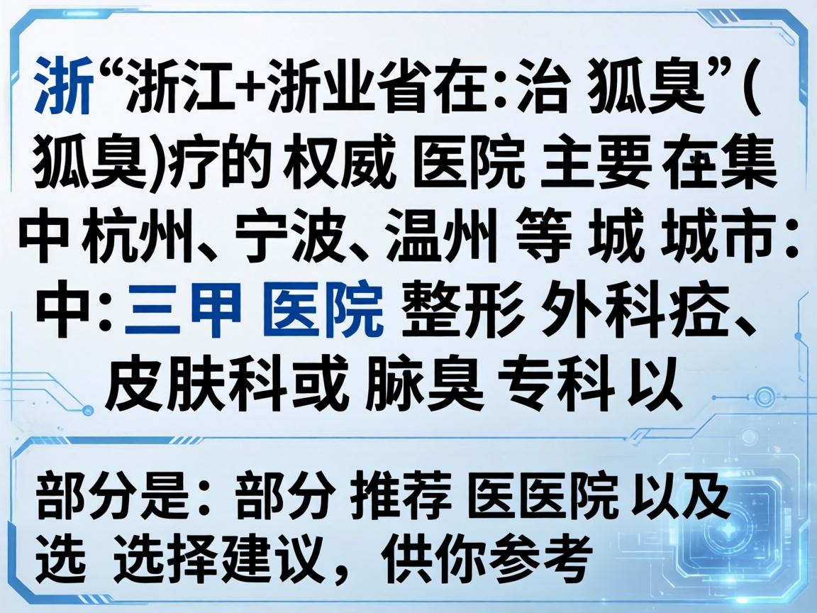 在浙江省，治疗腋臭（狐臭）的权威医院主要集中在杭州、宁波、温州等城市的三甲医院整形外科、皮肤科或腋臭专科。以下是部分推荐医院及选择建议，供你参考