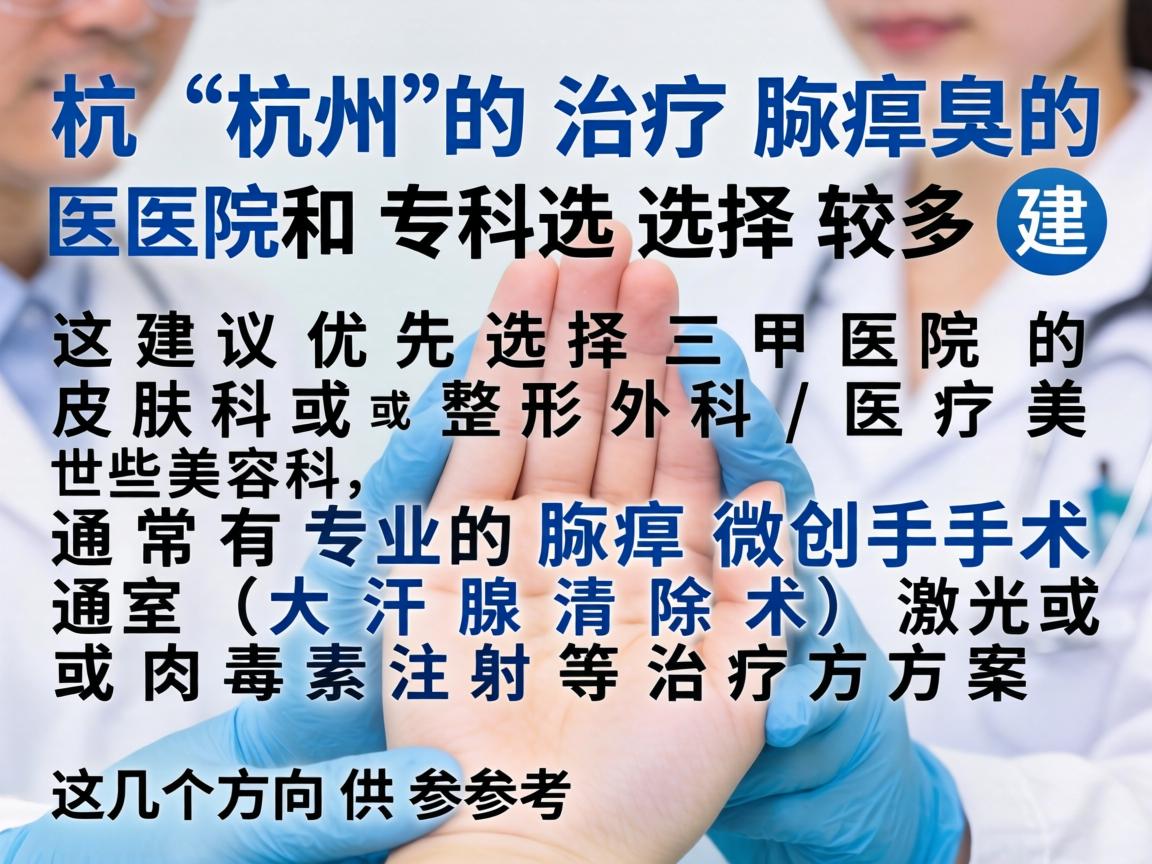 杭州治疗腋臭的医院和专科选择较多，建议优先选择三甲医院的皮肤科或整形外科/医疗美容科，这些科室通常有专业的腋臭微创手术（如大汗腺清除术）激光或肉毒素注射等治疗方案。以下是几个方向供参考