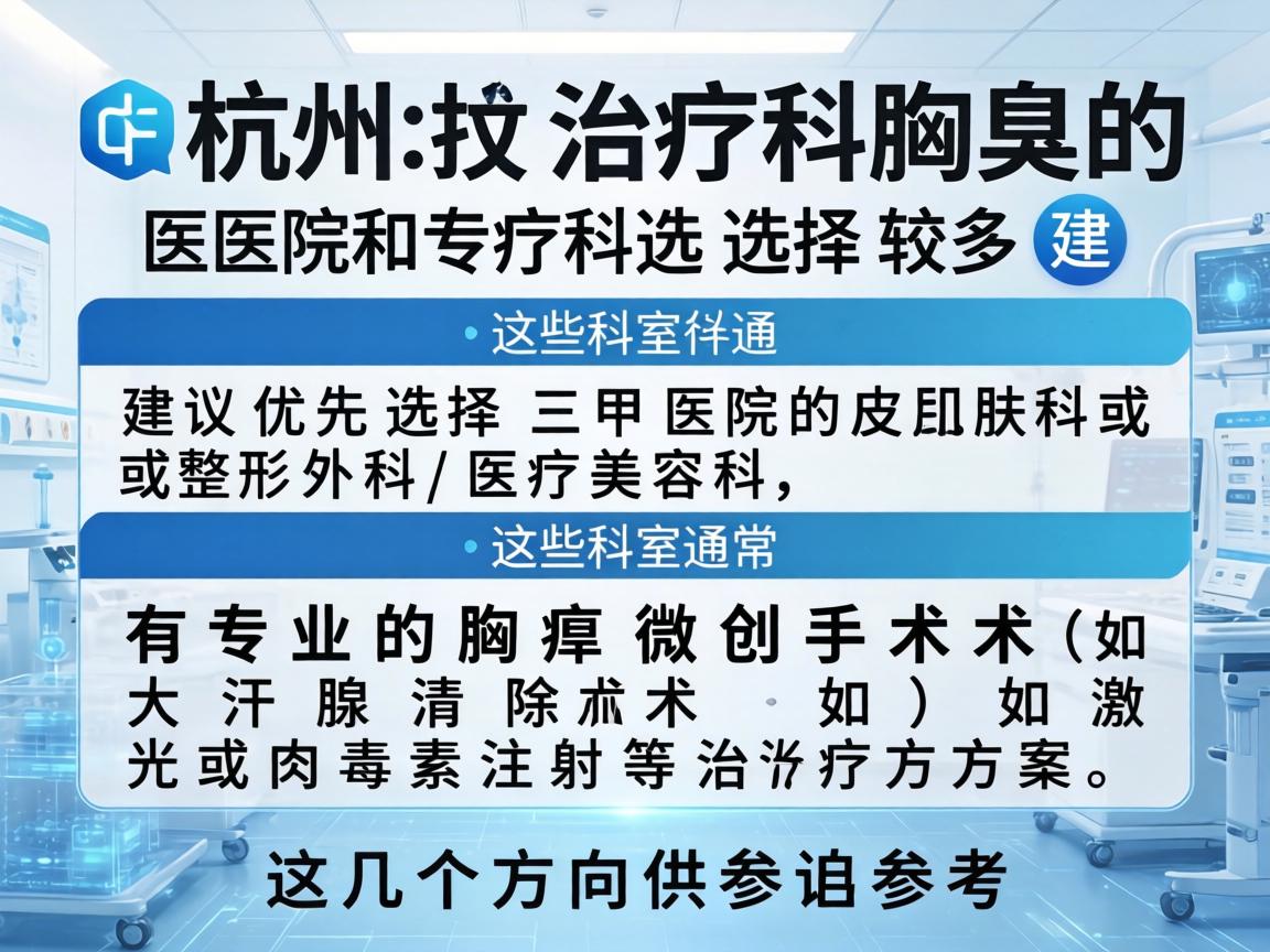 杭州治疗腋臭的医院和专科选择较多，建议优先选择三甲医院的皮肤科或整形外科/医疗美容科，这些科室通常有专业的腋臭微创手术（如大汗腺清除术）激光或肉毒素注射等治疗方案。以下是几个方向供参考