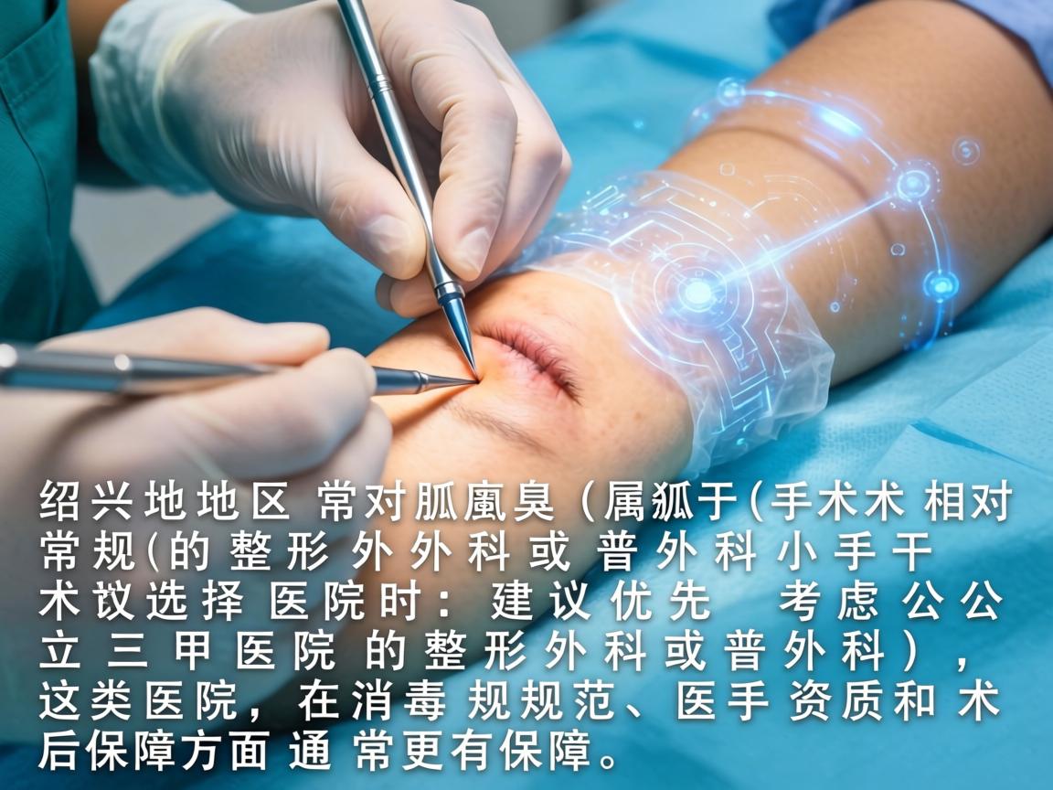 在绍兴地区,腋臭(狐臭)手术属于相对常规的整形外科或普外科小手术。选择医院时,建议优先考虑公立三甲医院的整形外科或普外科,这类医院在消毒规范、医生资质和术后保障方面通常更有保障 在绍兴地区,腋臭(狐臭)手术属于相对常规的整形外科或普外科小手术。选择医院时,建议优先考虑公立三甲医院的整形外科或普外科,这类医院在消毒规范、医生资质和术后保障方面通常更有保障