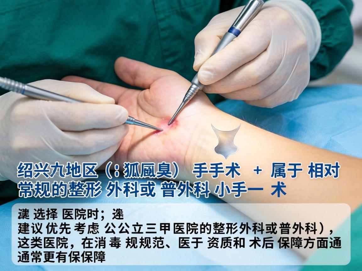 在绍兴地区,腋臭(狐臭)手术属于相对常规的整形外科或普外科小手术。选择医院时,建议优先考虑公立三甲医院的整形外科或普外科,这类医院在消毒规范、医生资质和术后保障方面通常更有保障 在绍兴地区,腋臭(狐臭)手术属于相对常规的整形外科或普外科小手术。选择医院时,建议优先考虑公立三甲医院的整形外科或普外科,这类医院在消毒规范、医生资质和术后保障方面通常更有保障