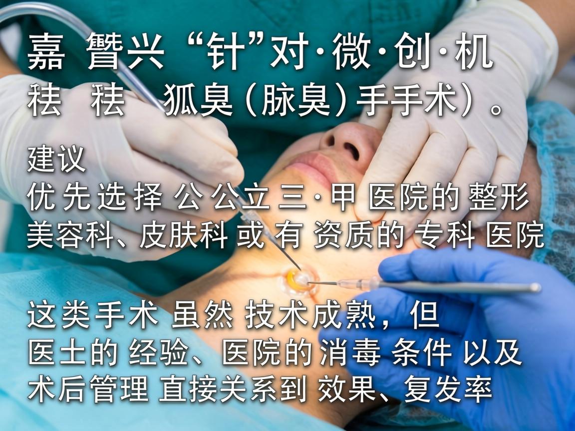 在嘉兴，针对微创祛狐臭（腋臭）手术，建议优先选择公立三甲医院的整形美容科、皮肤科或有资质的专科医院。这类手术虽然技术成熟，但医生的经验、医院的消毒条件以及术后管理直接关系到效果和复发率