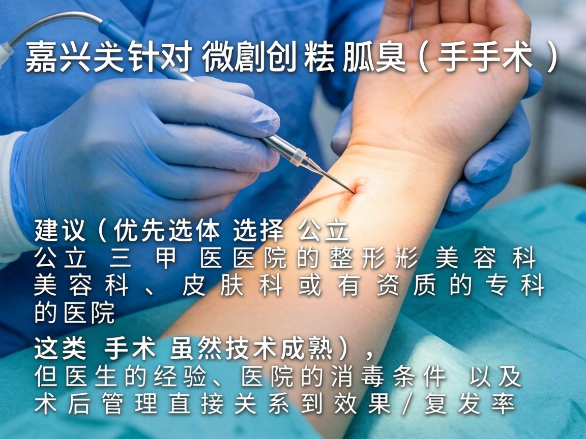 在嘉兴，针对微创祛狐臭（腋臭）手术，建议优先选择公立三甲医院的整形美容科、皮肤科或有资质的专科医院。这类手术虽然技术成熟，但医生的经验、医院的消毒条件以及术后管理直接关系到效果和复发率