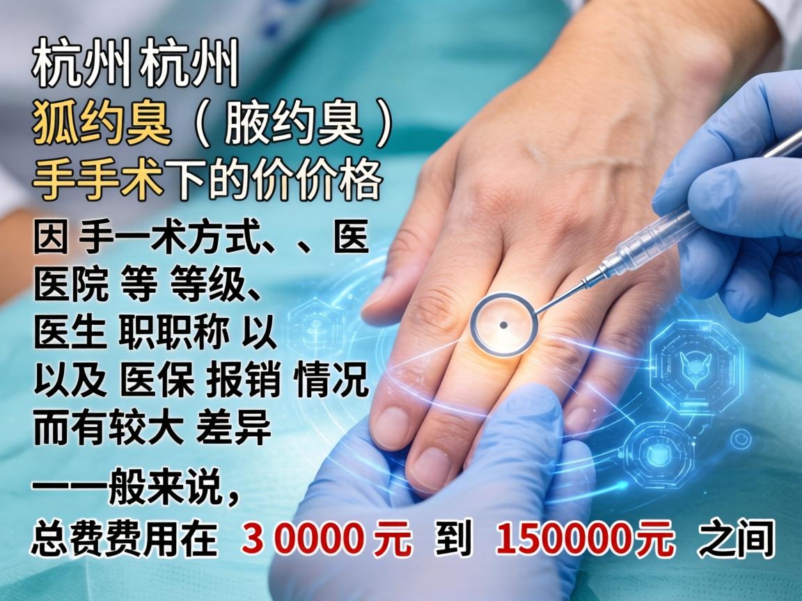 在杭州，狐臭（腋臭）手术的价格因手术方式、医院等级、医生职称以及医保报销情况而有较大差异。一般来说，总费用在 3000元 到 15000元 之间