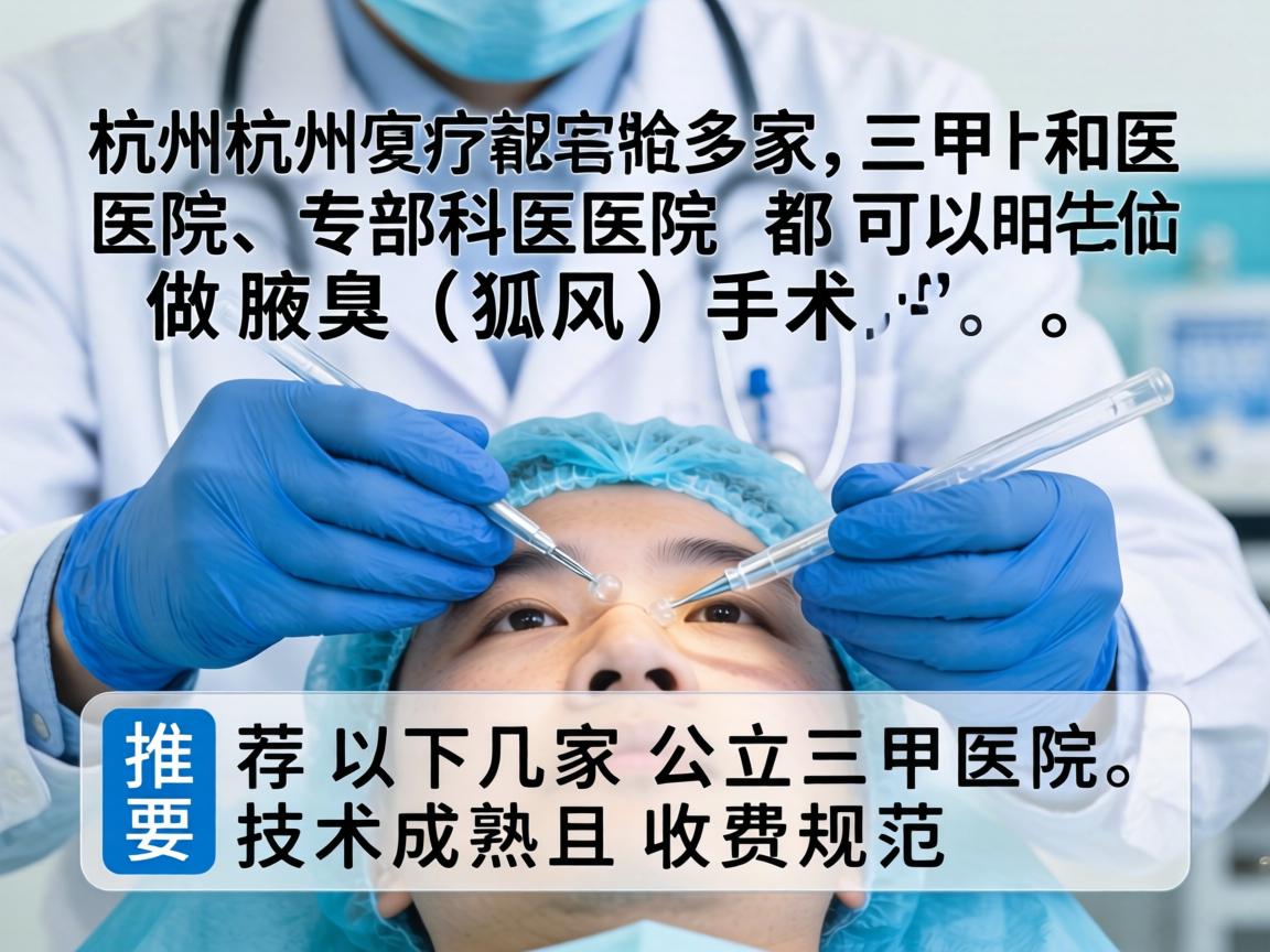 在杭州,有多家三甲医院和专科医院都可以做腋臭(狐臭)手术,主要推荐以下几家公立三甲医院,技术成熟且收费规范 在杭州,有多家三甲医院和专科医院都可以做腋臭(狐臭)手术,主要推荐以下几家公立三甲医院,技术成熟且收费规范