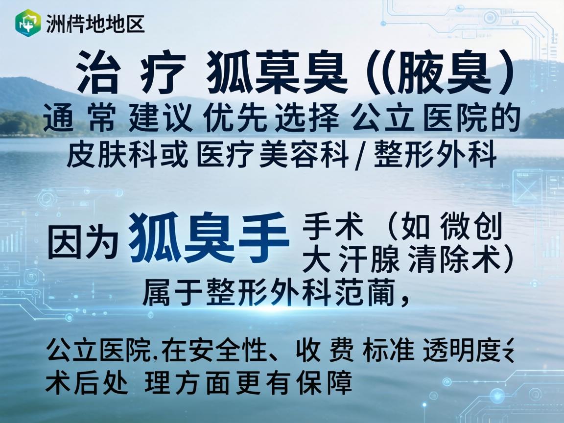在湖州地区，治疗狐臭（腋臭）通常建议优先选择公立医院的皮肤科或医疗美容科/整形外科。因为狐臭手术（如微创大汗腺清除术）属于整形外科范畴，公立医院在安全性、收费标准透明度和术后处理方面更有保障