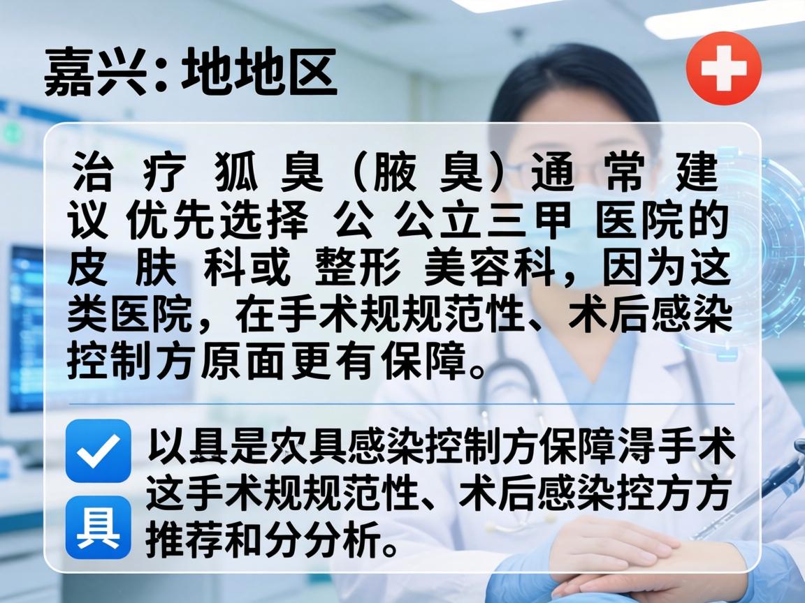 在嘉兴地区，治疗狐臭（腋臭）通常建议优先选择公立三甲医院的皮肤科或整形美容科，因为这类医院在手术规范性和术后感染控制方面更有保障。以下是具体的推荐和分析