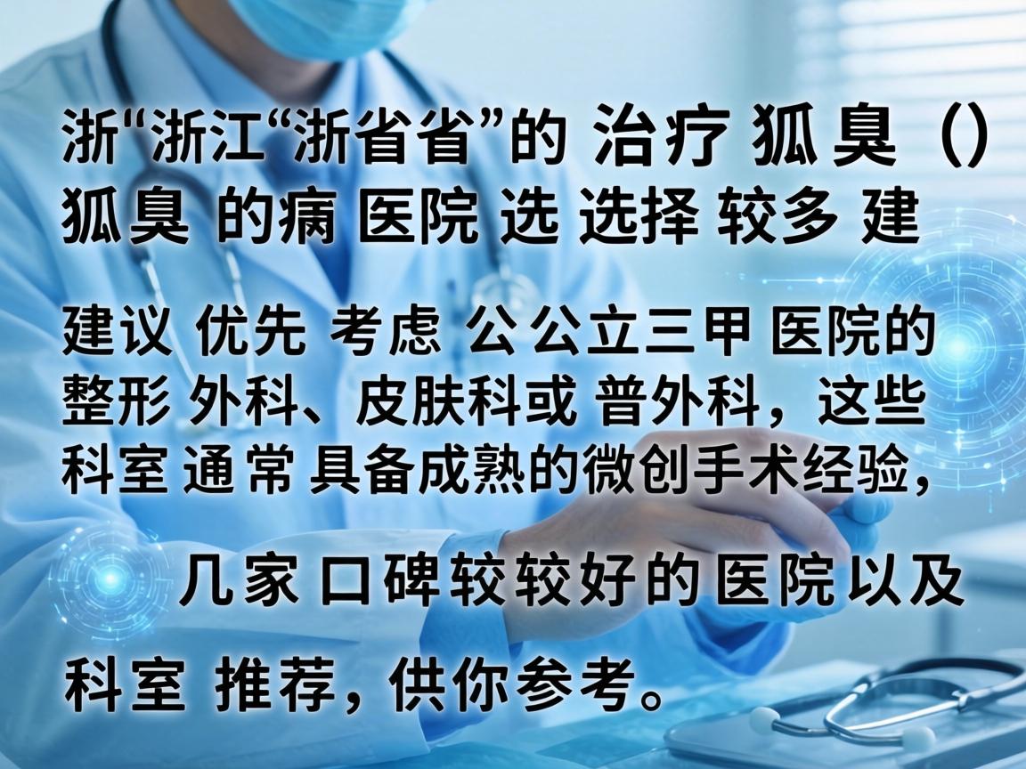 在浙江省，治疗狐臭（腋臭）的医院选择较多，建议优先考虑公立三甲医院的整形外科、皮肤科或普外科，这些科室通常具备成熟的微创手术经验。以下是几家口碑较好的医院及科室推荐，供你参考