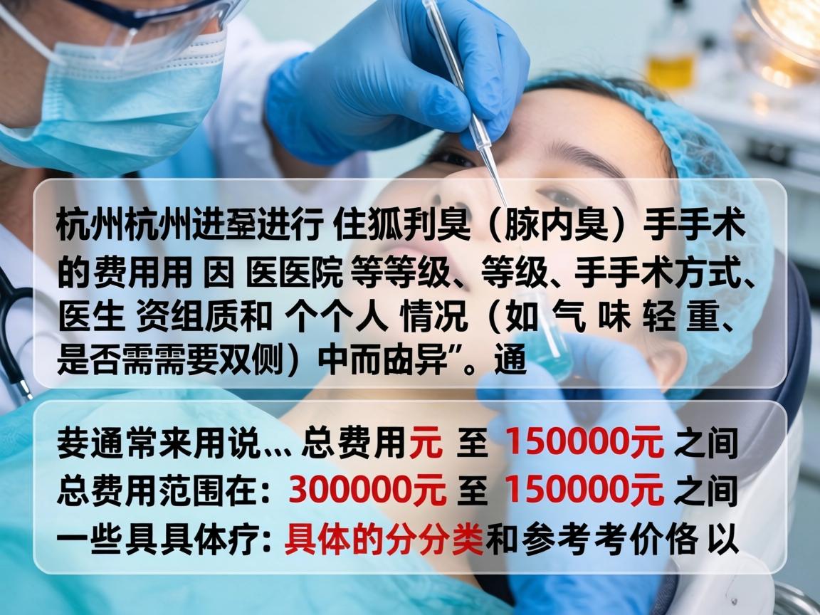 在杭州进行狐臭(腋臭)手术的费用因医院等级、手术方式、医生资质和个人情况(如气味轻重、是否需要双侧)而异。通常来说,总费用范围在 3000元 至 15000元 之间。以下是一些具体的分类和参考价格 在杭州进行狐臭(腋臭)手术的费用因医院等级、手术方式、医生资质和个人情况(如气味轻重、是否需要双侧)而异。通常来说,总费用范围在 3000元 至 15000元 之间。以下是一些具体的分类和参考价格