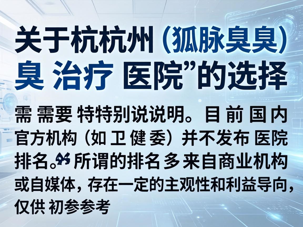 关于杭州狐臭（腋臭）治疗医院的选择，需要特别说明，目前国内官方机构（如卫健委）并不发布医院排名。所谓的排名多来自商业机构或自媒体，存在一定的主观性和利益导向，仅供初步参考