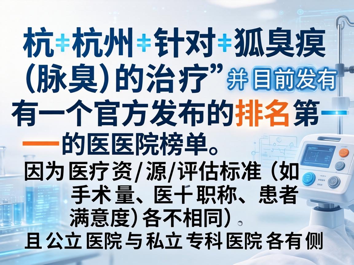 在杭州，针对狐臭（腋臭）的治疗，目前并没有一个官方发布的排名第一的医院榜单。因为医疗资源的评估标准（如手术量、医生职称、患者满意度）各不相同，且公立医院与私立专科医院各有侧重