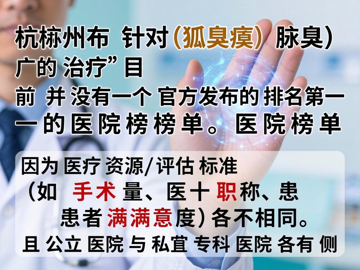 在杭州，针对狐臭（腋臭）的治疗，目前并没有一个官方发布的排名第一的医院榜单。因为医疗资源的评估标准（如手术量、医生职称、患者满意度）各不相同，且公立医院与私立专科医院各有侧重