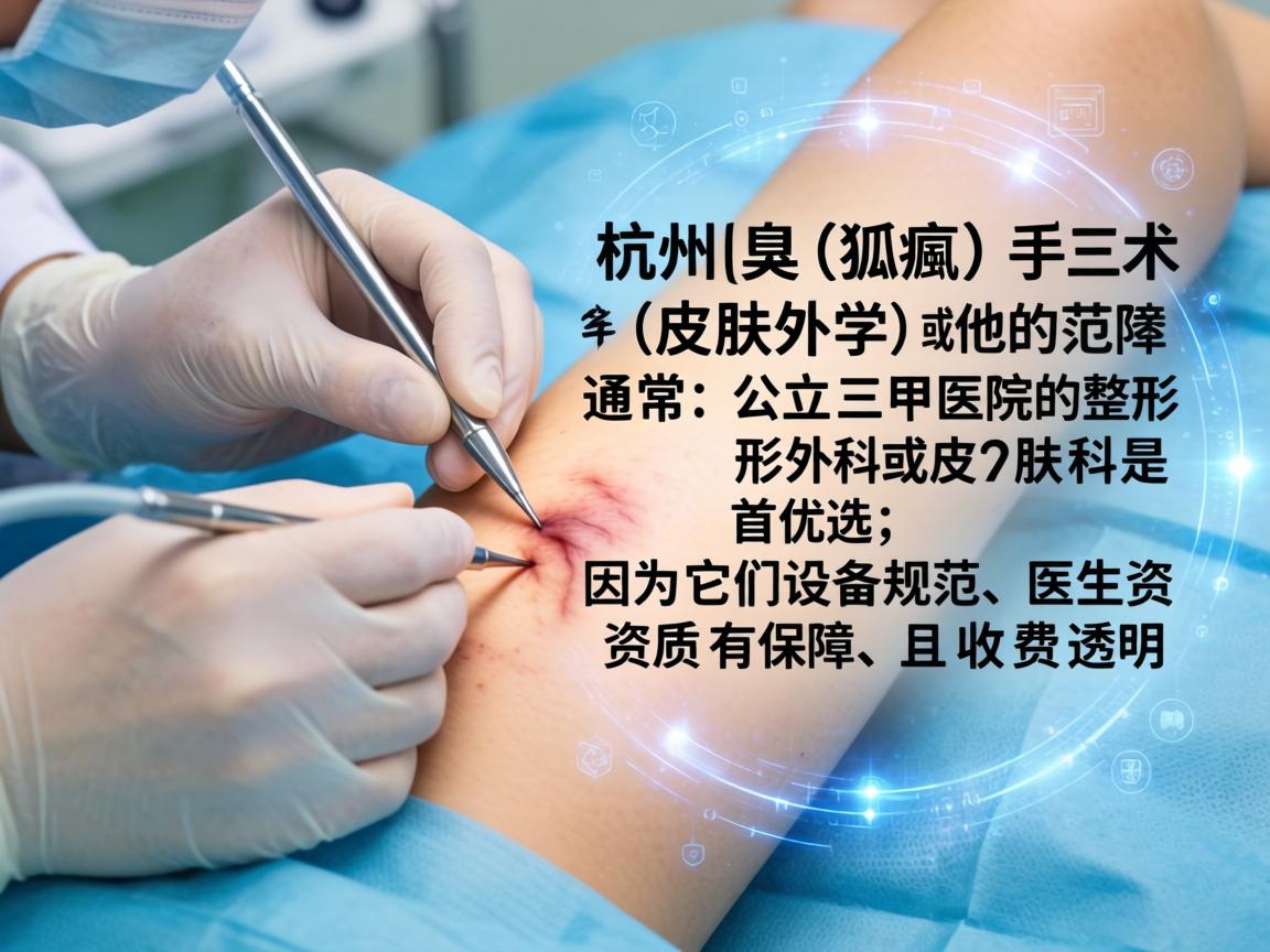 在杭州，腋臭（狐臭）手术属于整形外科或皮肤科（皮肤外科）的范畴。通常，公立三甲医院的整形外科或皮肤科是首选，因为它们设备规范、医生资质有保障，且收费透明