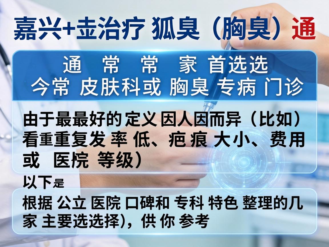 在嘉兴，治疗狐臭（腋臭）通常首选皮肤科或腋臭专病门诊。由于最好的定义因人而异（比如看重复发率低、疤痕大小、费用或医院等级）以下是根据公立医院口碑和专科特色整理的几家主要选择，供你参考