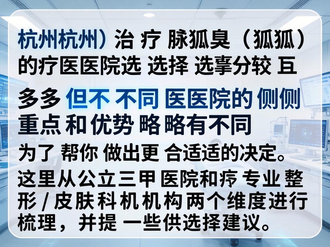 在杭州,治疗腋臭(狐臭)的医院选择较多,但不同医院的侧重点和优势略有不同。为了帮你做出更合适的决定,这里从公立三甲医院和专业整形/皮肤科机构两个维度进行梳理,并提供一些选择建议 在杭州,治疗腋臭(狐臭)的医院选择较多,但不同医院的侧重点和优势略有不同。为了帮你做出更合适的决定,这里从公立三甲医院和专业整形/皮肤科机构两个维度进行梳理,并提供一些选择建议