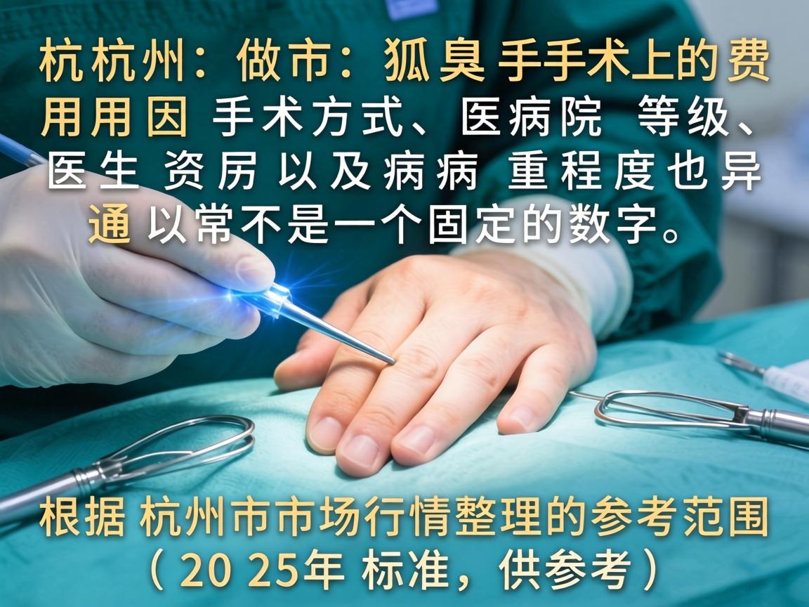 在杭州做狐臭手术的费用因手术方式、医院等级、医生资历以及病情严重程度而异,通常不是一个固定的数字。以下是根据杭州市场行情整理的参考范围(2025年标准,供参考) 在杭州做狐臭手术的费用因手术方式、医院等级、医生资历以及病情严重程度而异,通常不是一个固定的数字。以下是根据杭州市场行情整理的参考范围(2025年标准,供参考)