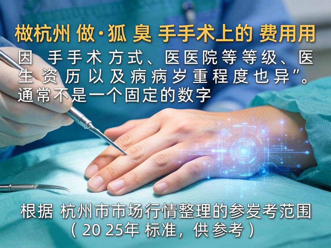 在杭州做狐臭手术的费用因手术方式、医院等级、医生资历以及病情严重程度而异,通常不是一个固定的数字。以下是根据杭州市场行情整理的参考范围(2025年标准,供参考) 在杭州做狐臭手术的费用因手术方式、医院等级、医生资历以及病情严重程度而异,通常不是一个固定的数字。以下是根据杭州市场行情整理的参考范围(2025年标准,供参考)