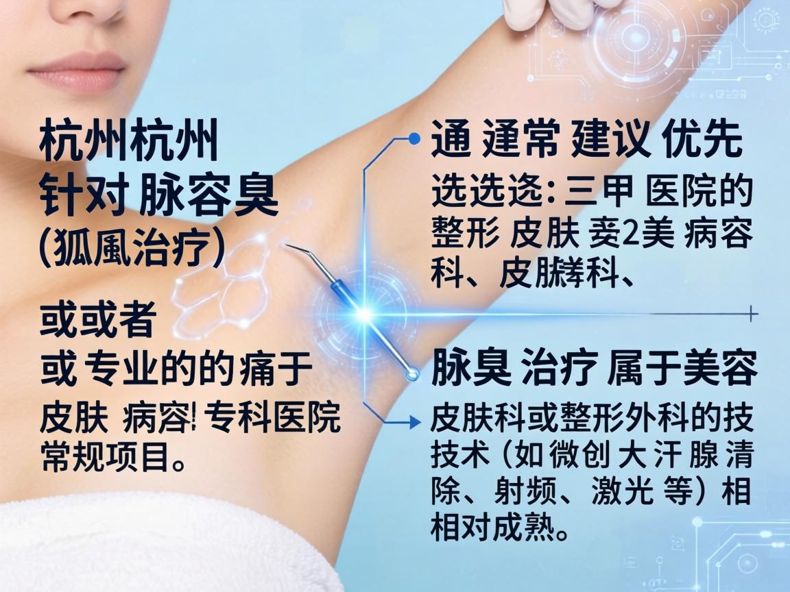 在杭州,针对腋臭(狐臭)的治疗,通常建议优先选择三甲医院的整形美容科、皮肤科,或者专业的皮肤病专科医院。腋臭治疗属于美容皮肤科或整形外科的常规项目,技术(如微创大汗腺清除、射频、激光等)相对成熟 在杭州,针对腋臭(狐臭)的治疗,通常建议优先选择三甲医院的整形美容科、皮肤科,或者专业的皮肤病专科医院。腋臭治疗属于美容皮肤科或整形外科的常规项目,技术(如微创大汗腺清除、射频、激光等)相对成熟