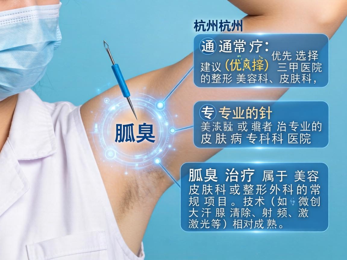 在杭州,针对腋臭(狐臭)的治疗,通常建议优先选择三甲医院的整形美容科、皮肤科,或者专业的皮肤病专科医院。腋臭治疗属于美容皮肤科或整形外科的常规项目,技术(如微创大汗腺清除、射频、激光等)相对成熟 在杭州,针对腋臭(狐臭)的治疗,通常建议优先选择三甲医院的整形美容科、皮肤科,或者专业的皮肤病专科医院。腋臭治疗属于美容皮肤科或整形外科的常规项目,技术(如微创大汗腺清除、射频、激光等)相对成熟